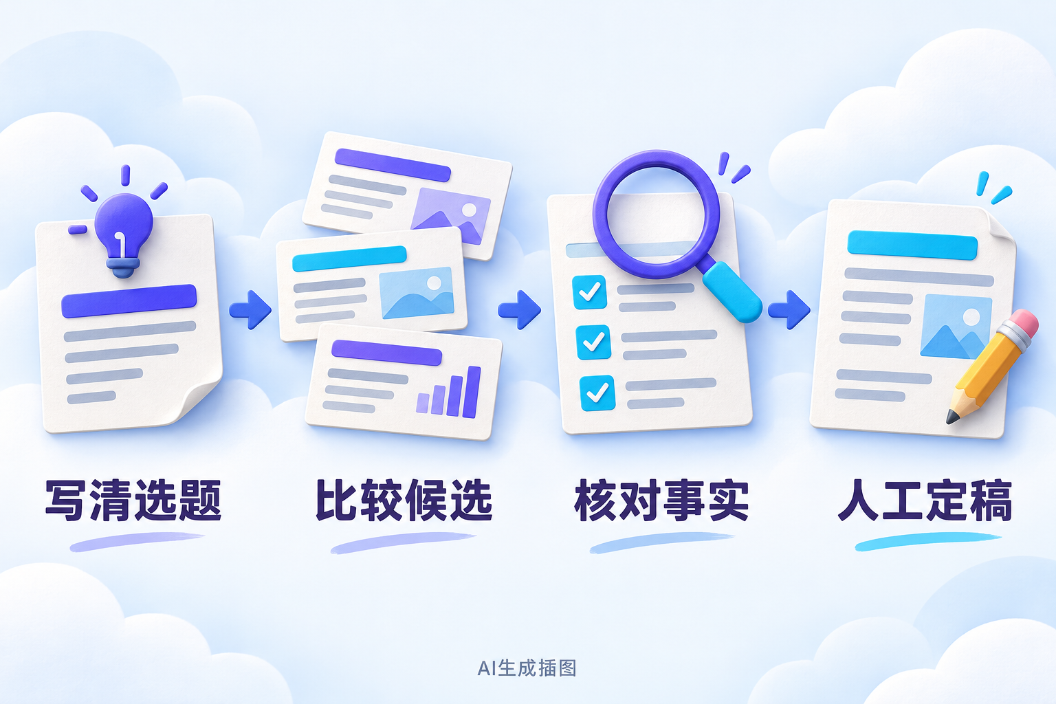 写清选题、比较候选、核对事实与人工定稿的方法图