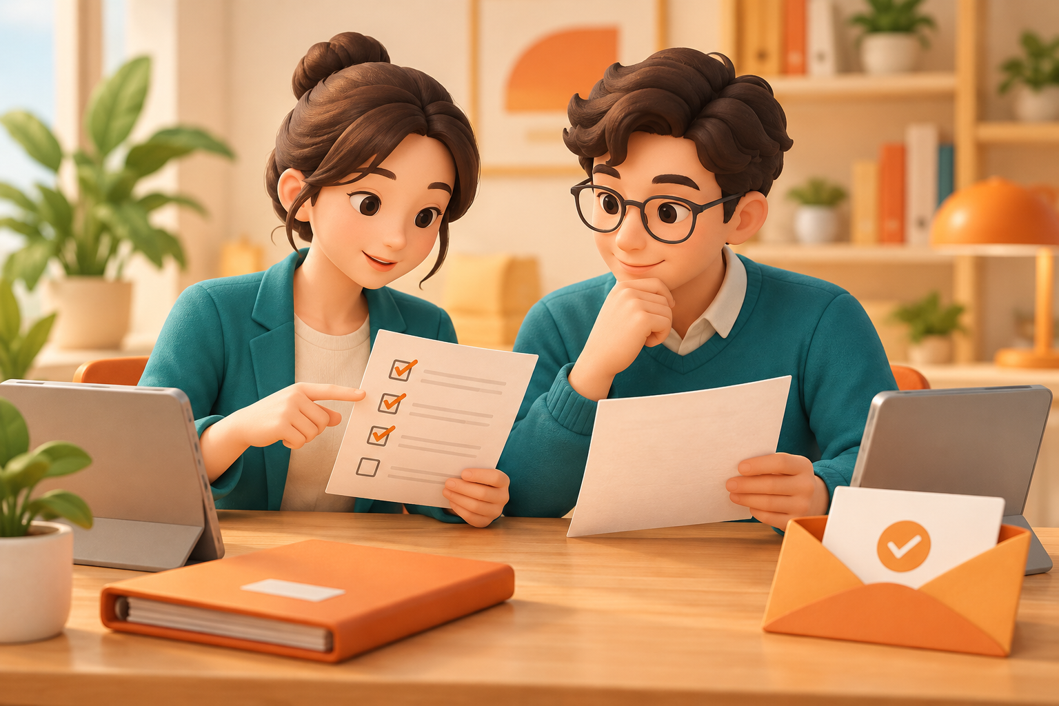 企业人员与代理培训者核对发布交付的AI场景示意