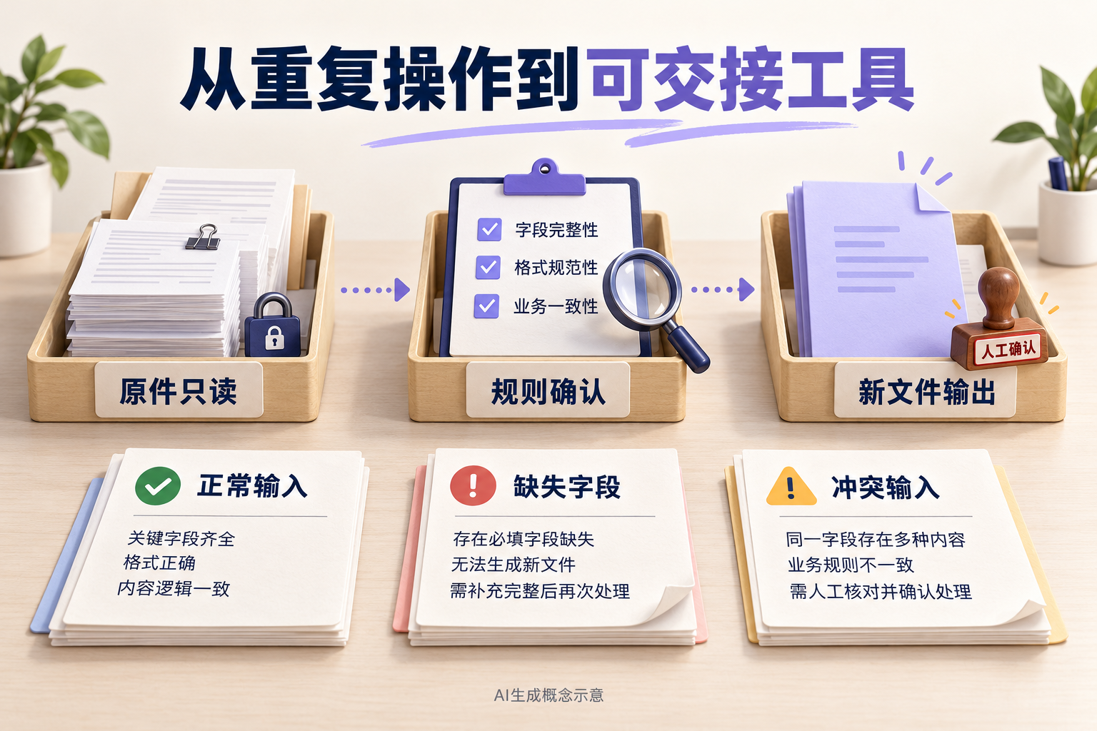 AI生成 · 原件、规则与新文件的概念示意；具体异常策略须正式确认，非已运行工具界面。